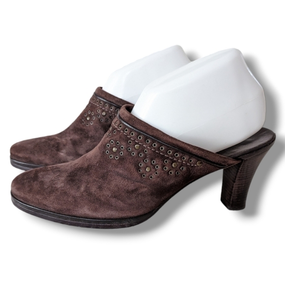 Cole Haan Shoes - Cole Haan Leather Mules Slip On Heels Shoes 9 Brown Studded‎ Grommets